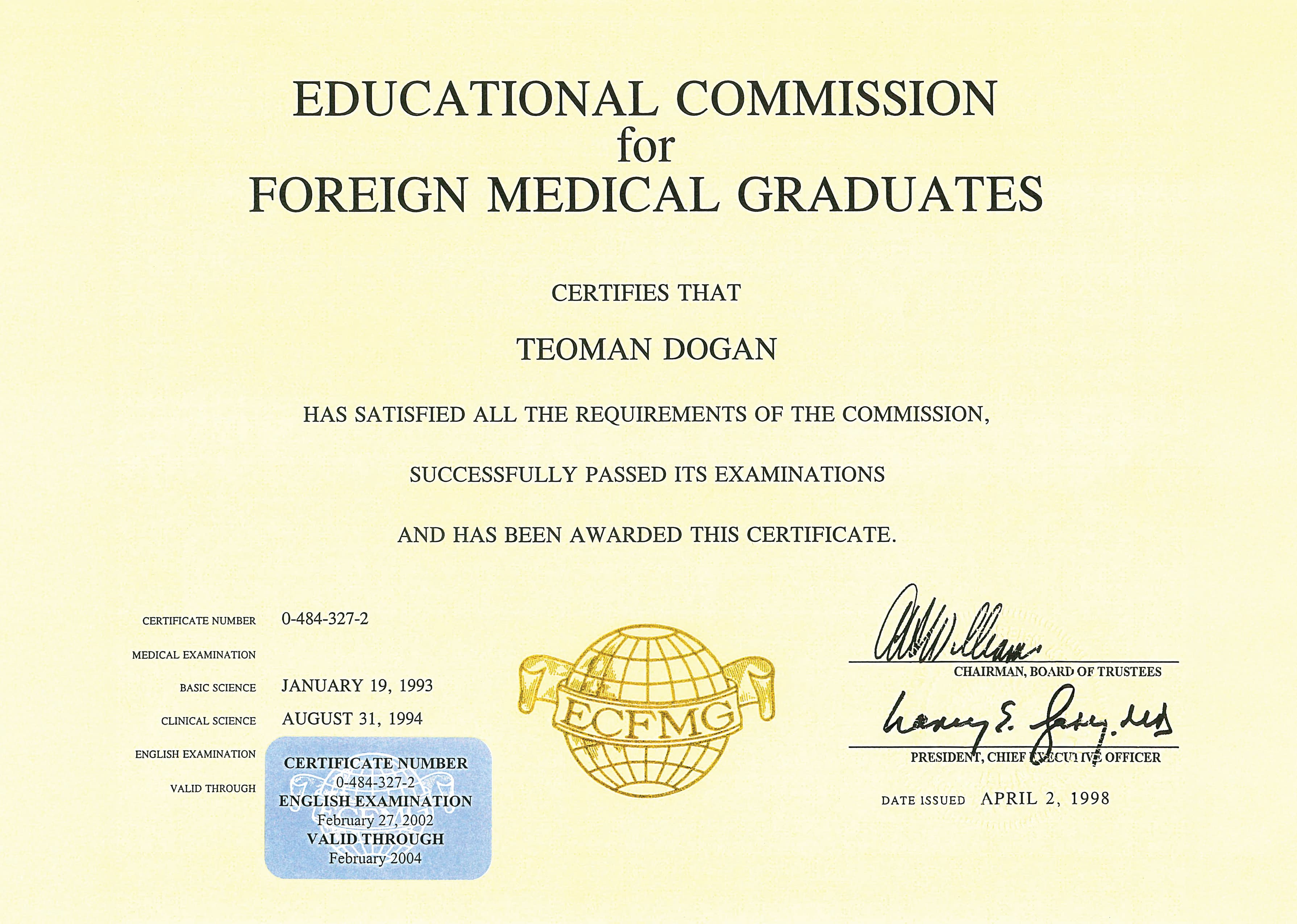 ECFMG – Educational Commission for Foreign Medical Graduates Certificate